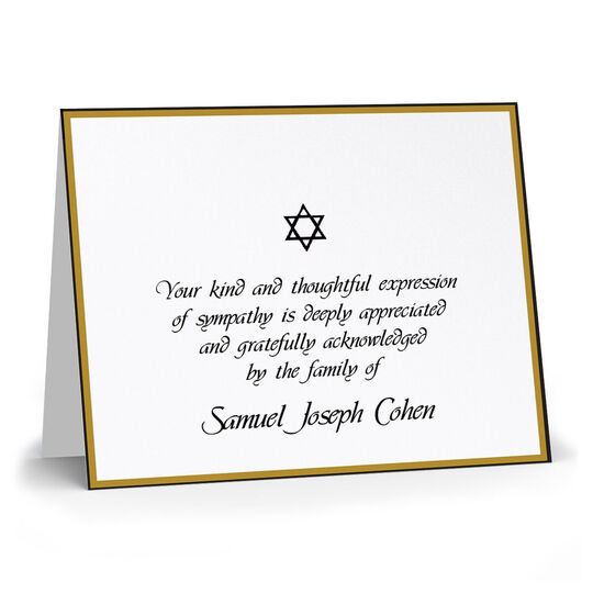 Gold and Black Minuet Folded Sympathy Cards with Jewish Star - Raised Ink